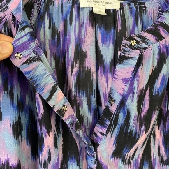 Beachlunchlounge Purple Ikat Boho V-Neck Popover Blouse Top Balloon 3/4 Sleeve - Picture 7 of 16